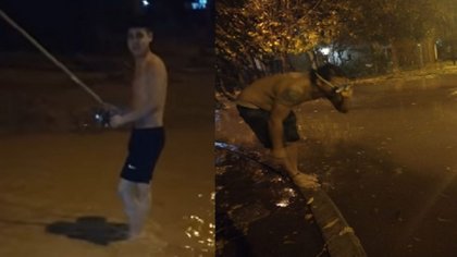 Uno con caña y otro con snorkel "pescaron" en las calles inundadas