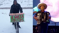 Contra frío y nieve: toca el acordeón y vende torta fritas en su bici