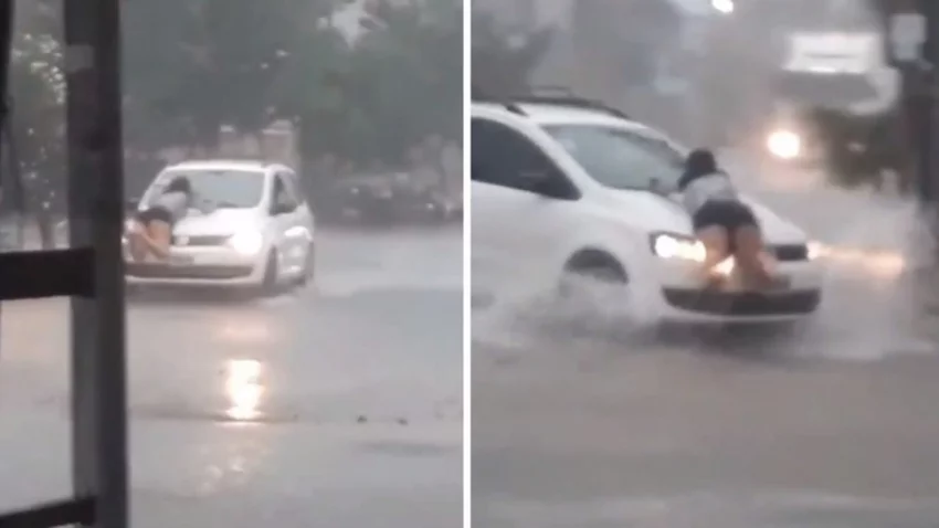 Video: en plena tormenta, un automovilista arrastró a una mujer en el capot