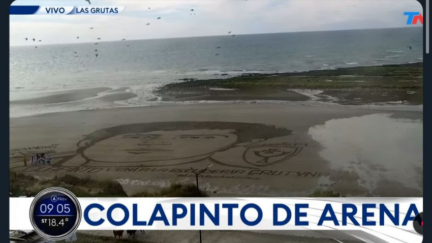 Dibujaron la cara de Franco Colapinto en una playa de Las Grutas