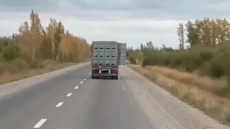 Un camión con bines de fruta colgando casi provoca un desastre en plena ruta