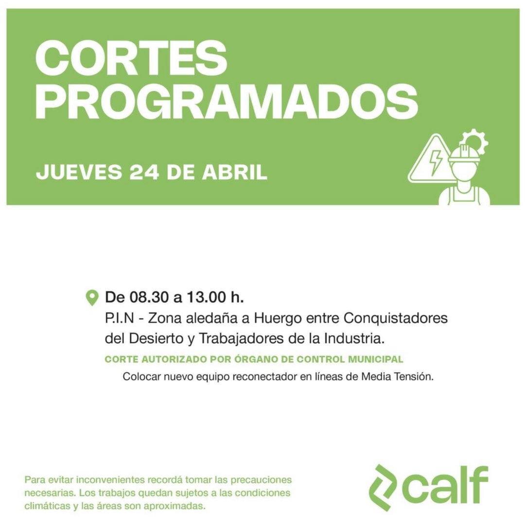 CALF anunció cortes programados para el Parque Industrial de Neuquén